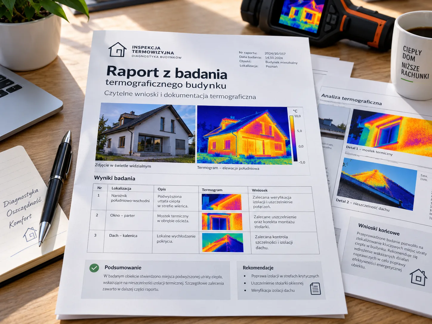 Wydrukowany raport z termogramami na biurku obok kamery termowizyjnej
